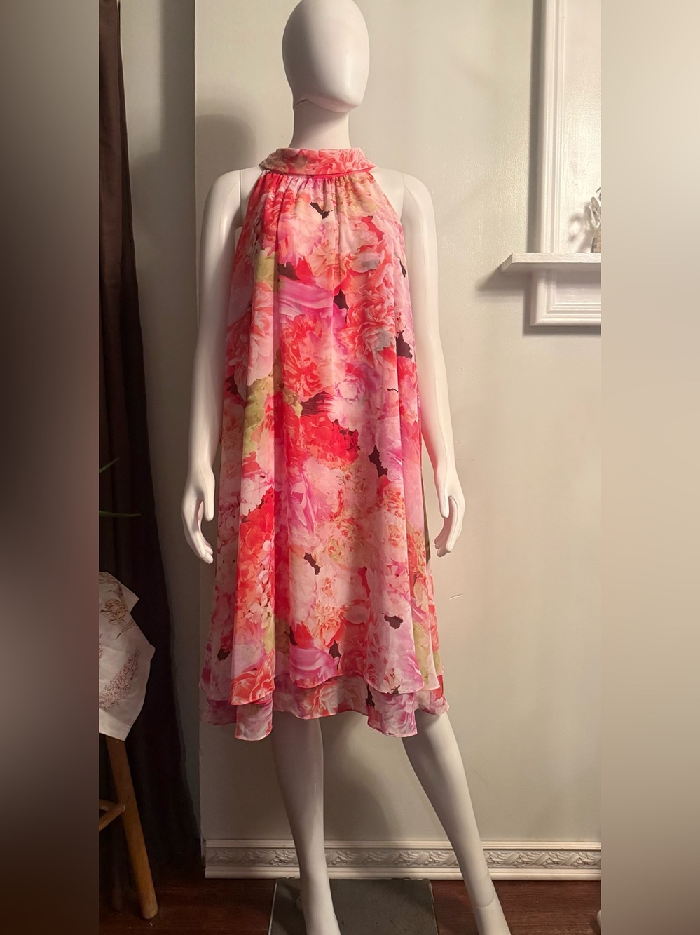 Eliza J Pink & Coral Floral Halter Midi Dress